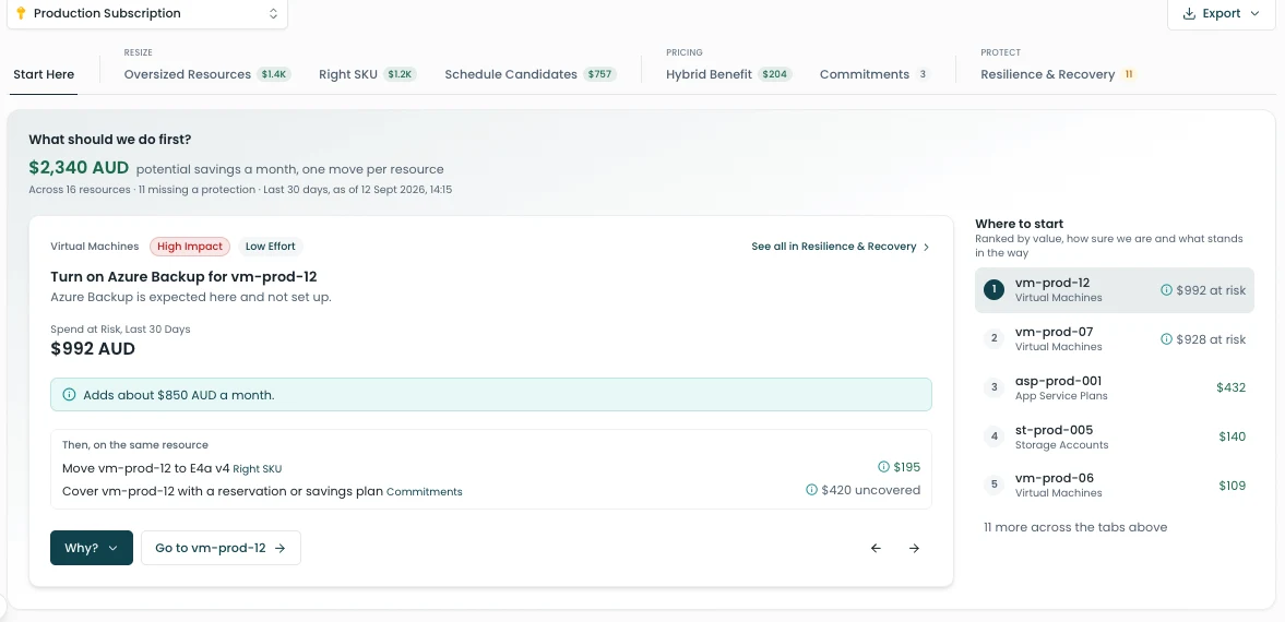 At a Glance: turn on Azure Backup for an unprotected virtual machine (demo data)